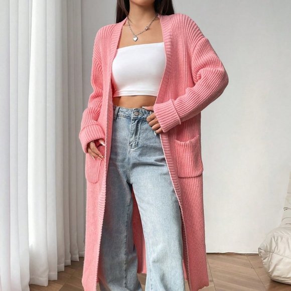 Dusty Pink Casual Womens Dual Pocket Drop Shoulder Open Front Cardigan - Picture 4 of 5